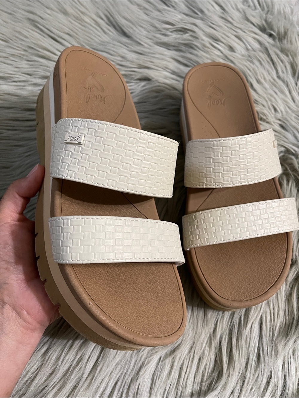 Reef White Double-Strap Slide Sandals with Tan Footbed - Picture 2 of 6